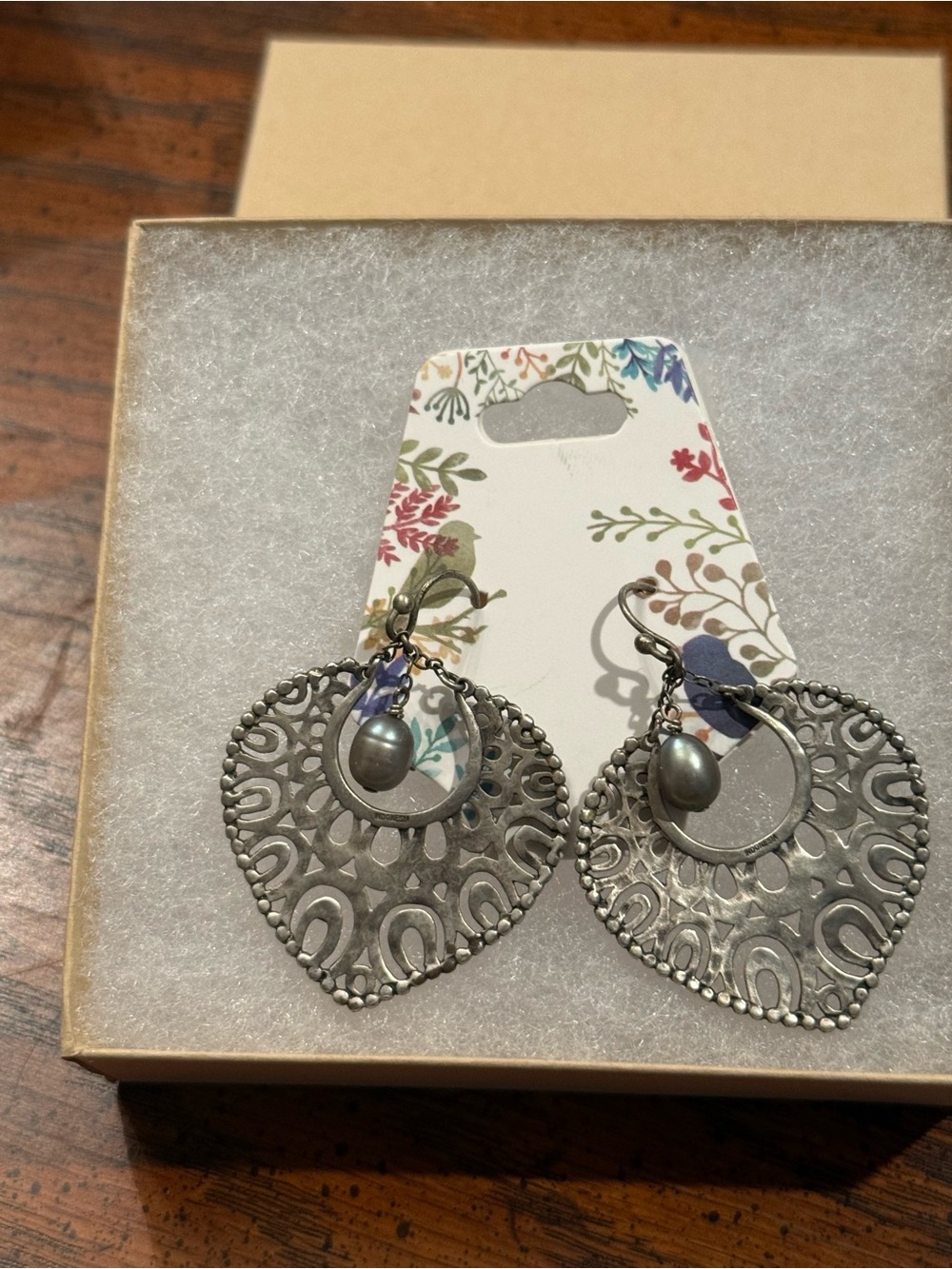 Silpada Silver Heart Filigree Earrings with Gray Pearl Drops